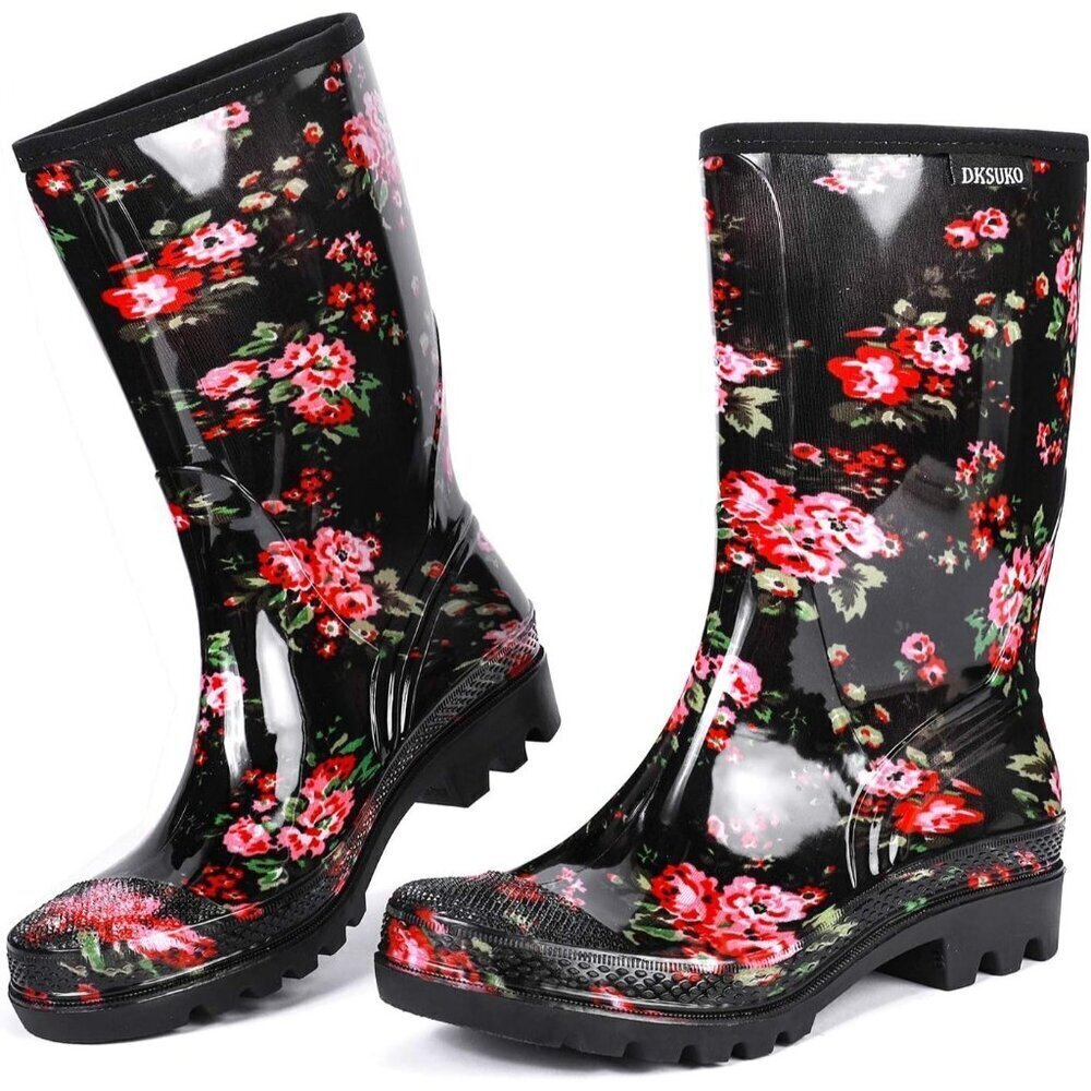 Women's Black Red Flower Lightweight Fashion Wide Calf Waterproof Rain Boots